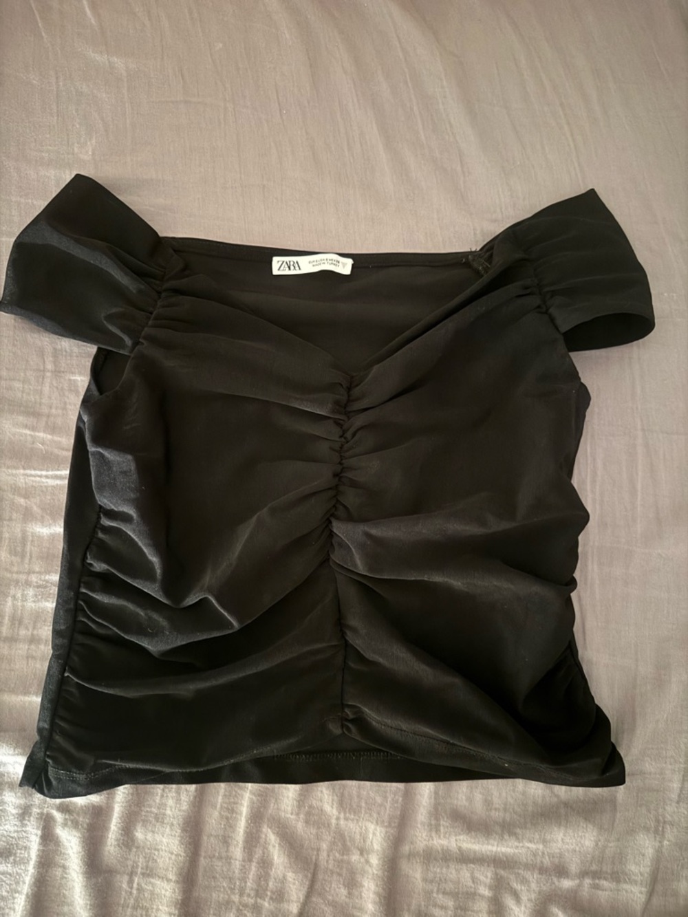 ZARA Black Off Shoulder Ruched Top – Stretch Bodycon Size S